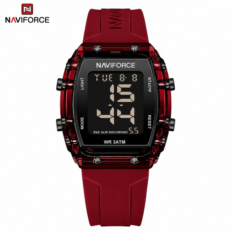 Naviforce Reloj Digital Rojo con Negro con Pantalla LCD, Correa de Silicona, Diámetro de 35 mm, Luz LED y Resistencia al Agua 3 ATM.