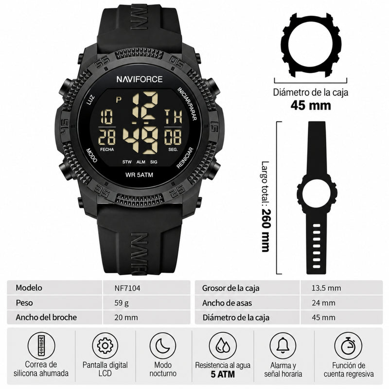 Naviforce Reloj Digital Negro con Correa de Silicona, Diámetro de 45 mm, Cristal Acrílico HD y Resistencia al Agua 5 ATM.