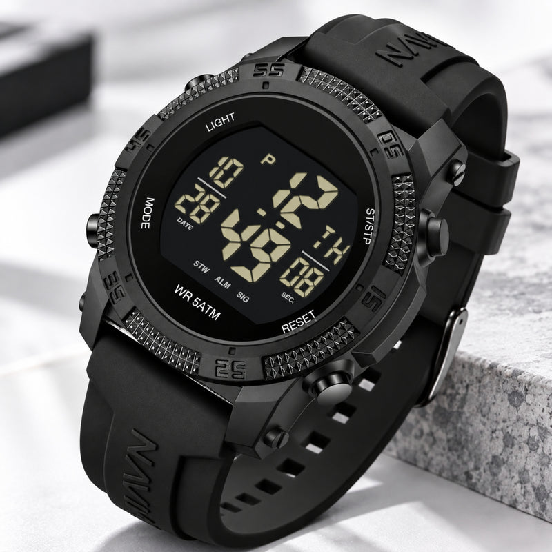 Naviforce Reloj Digital Negro con Correa de Silicona, Diámetro de 45 mm, Cristal Acrílico HD y Resistencia al Agua 5 ATM.