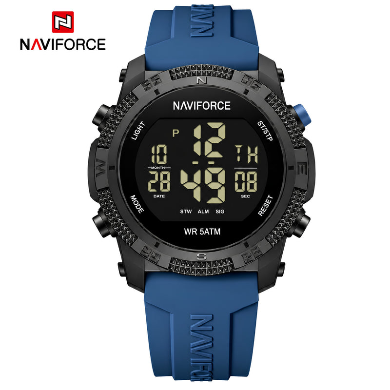 Naviforce Reloj Digital Negro con Detalles Azules, Correa de Silicona, Diámetro de 45 mm, Cristal Acrílico HD y Resistencia al Agua 5 ATM.