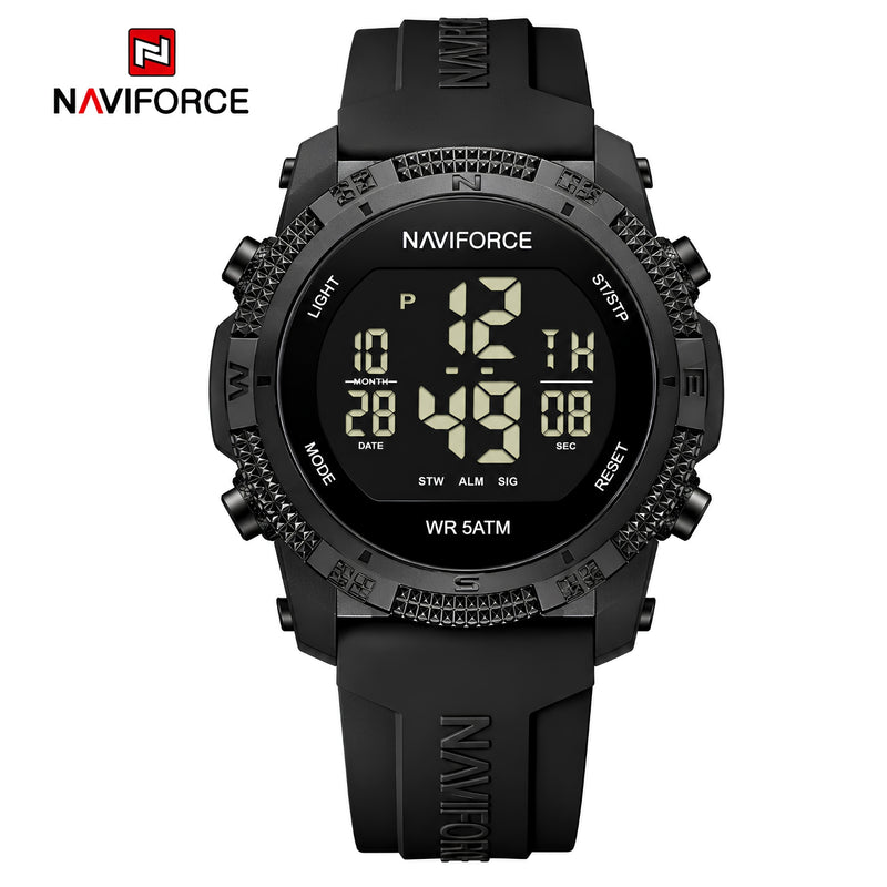 Naviforce Reloj Digital Negro con Correa de Silicona, Diámetro de 45 mm, Cristal Acrílico HD y Resistencia al Agua 5 ATM.