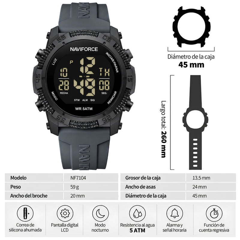 Naviforce Reloj Digital Negro con Detalles Grises, Correa de Silicona, Diámetro de 45 mm, Cristal Acrílico HD y Resistencia al Agua 5 ATM.