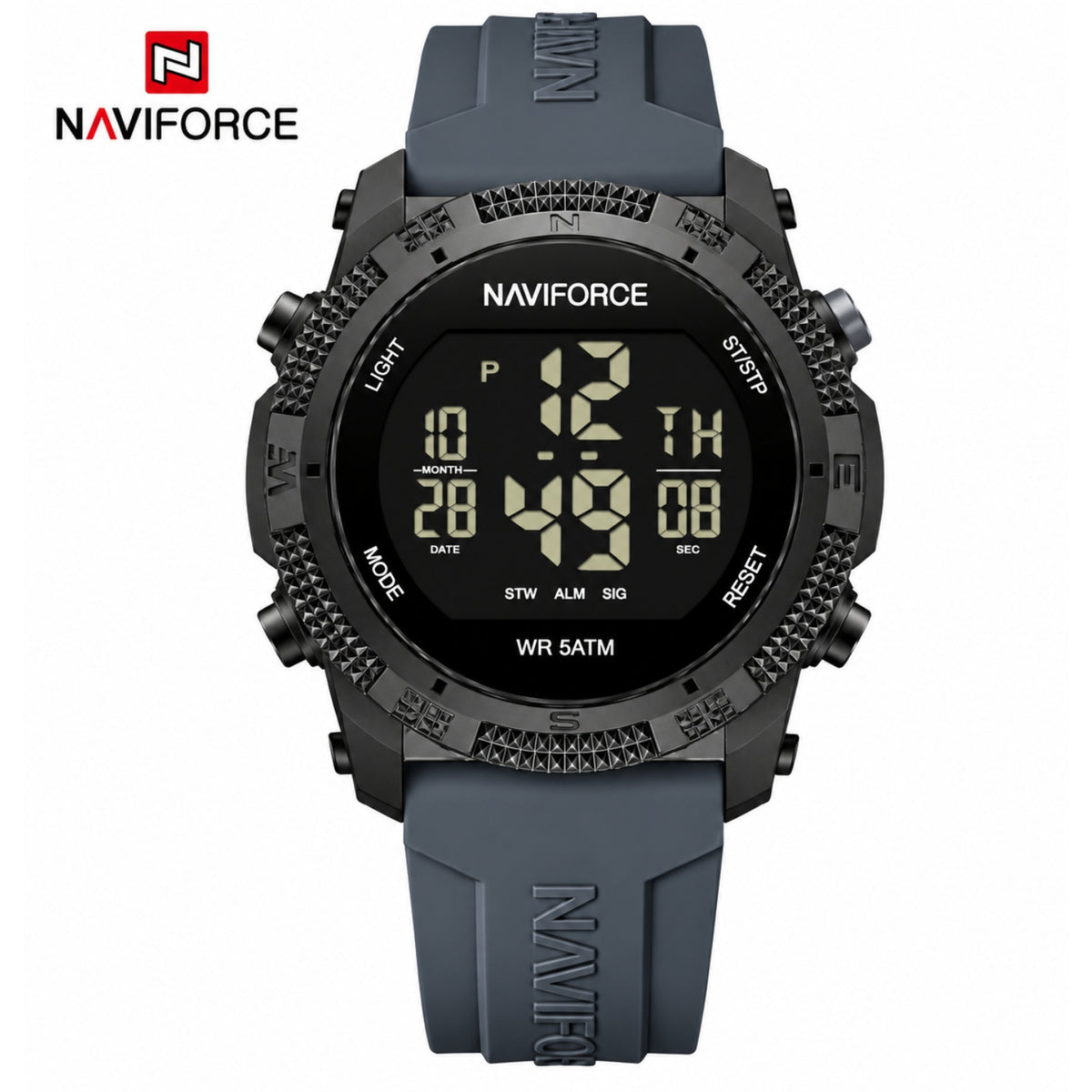 Naviforce Reloj Digital Negro con Detalles Grises, Correa de Silicona, Diámetro de 45 mm, Cristal Acrílico HD y Resistencia al Agua 5 ATM.