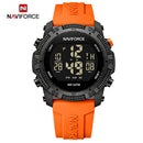 Naviforce Reloj Digital Naranja con Detalles Negros, Correa de Silicona, Diámetro de 45 mm, Cristal Acrílico HD y Resistencia al Agua 5 ATM.