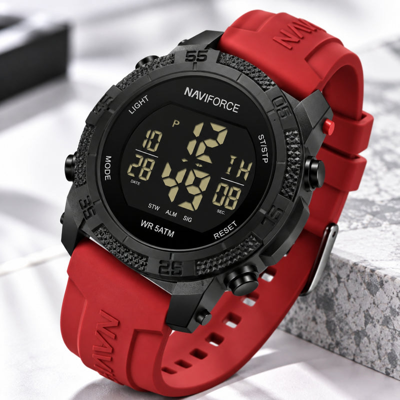 Naviforce Reloj Digital Negro con Detalles Rojos, Correa de Silicona, Diámetro de 45 mm, Cristal Acrílico HD y Resistencia al Agua 5 ATM.