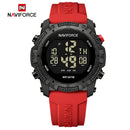 Naviforce Reloj Digital Negro con Detalles Rojos, Correa de Silicona, Diámetro de 45 mm, Cristal Acrílico HD y Resistencia al Agua 5 ATM.