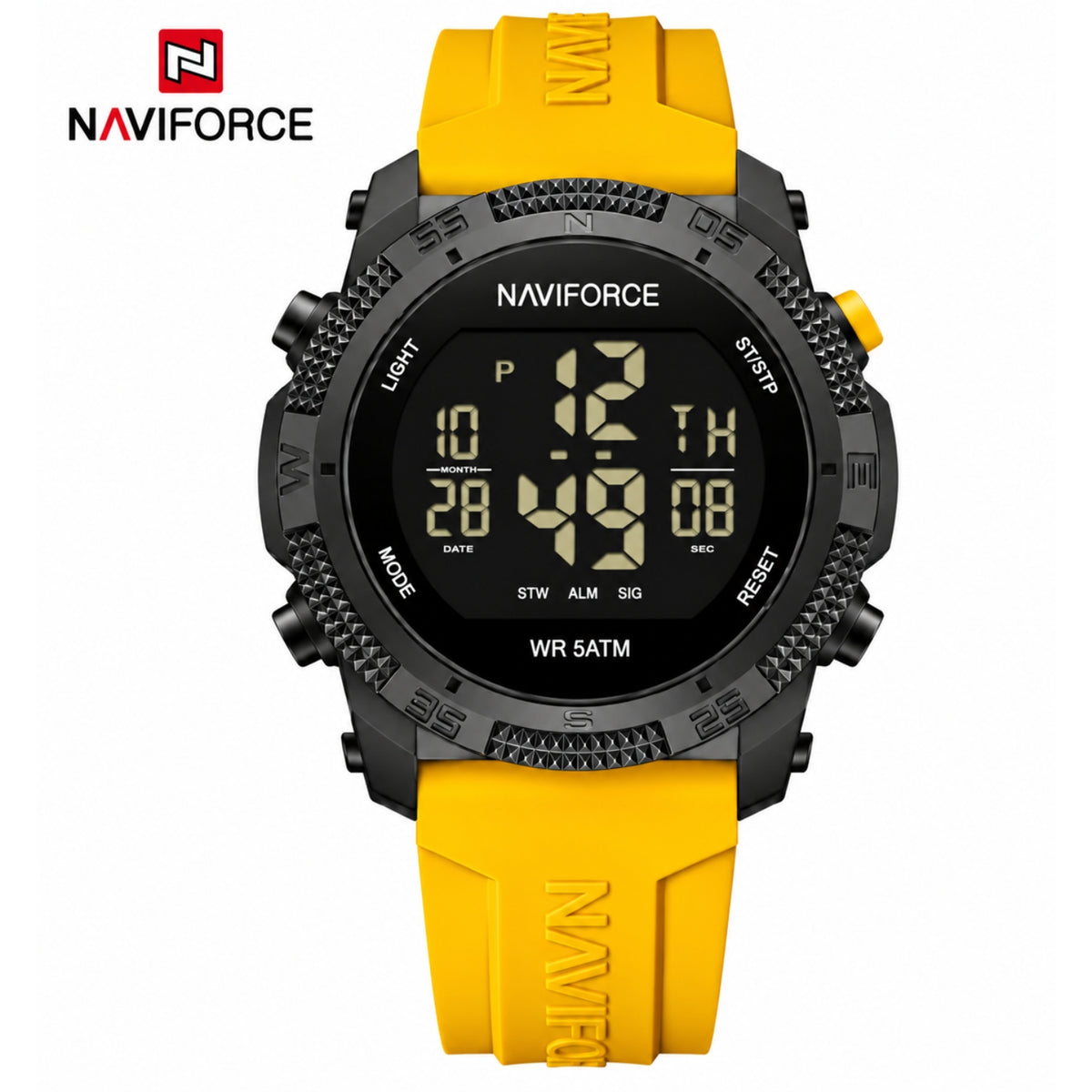 Naviforce Reloj Digital Amarillo con Detalles Negros, Correa de Silicona, Diámetro de 45 mm, Cristal Acrílico HD y Resistencia al Agua 5 ATM.