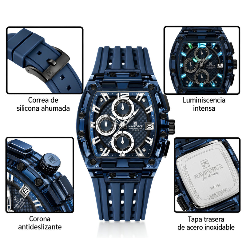 Naviforce Reloj Cronógrafo Azul con Correa de Silicona, Diámetro de 42.5 mm, Cristal Acrílico HD y Resistencia al Agua 3 ATM o 5 ATM.
