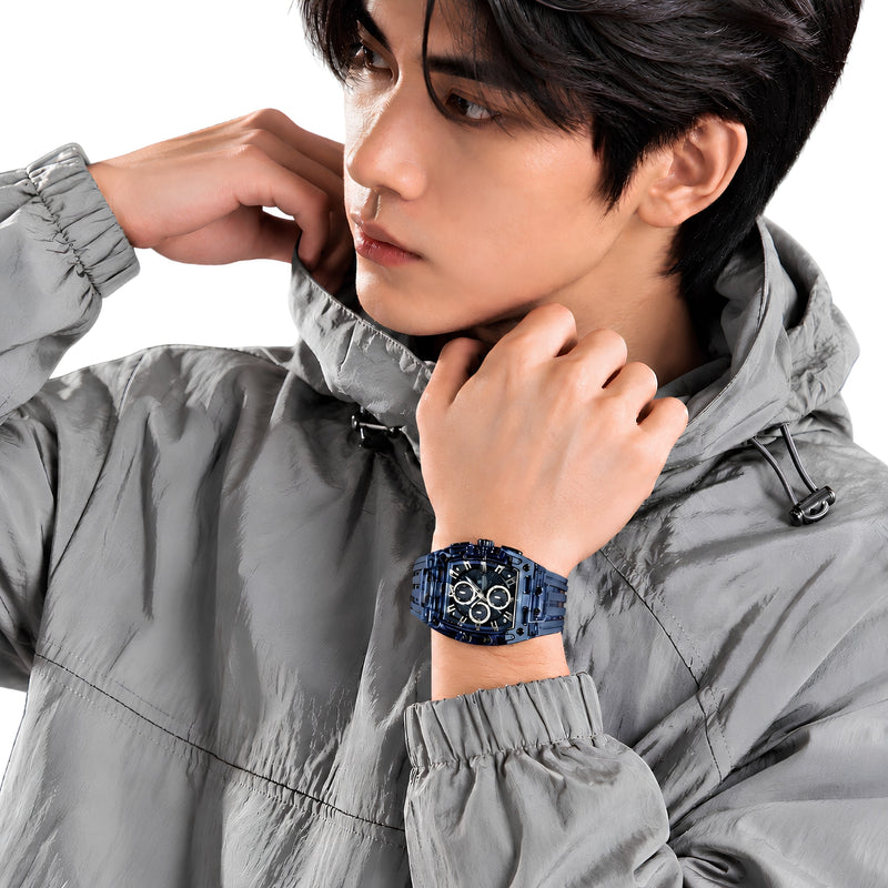 Naviforce Reloj Cronógrafo Azul con Correa de Silicona, Diámetro de 42.5 mm, Cristal Acrílico HD y Resistencia al Agua 3 ATM o 5 ATM.