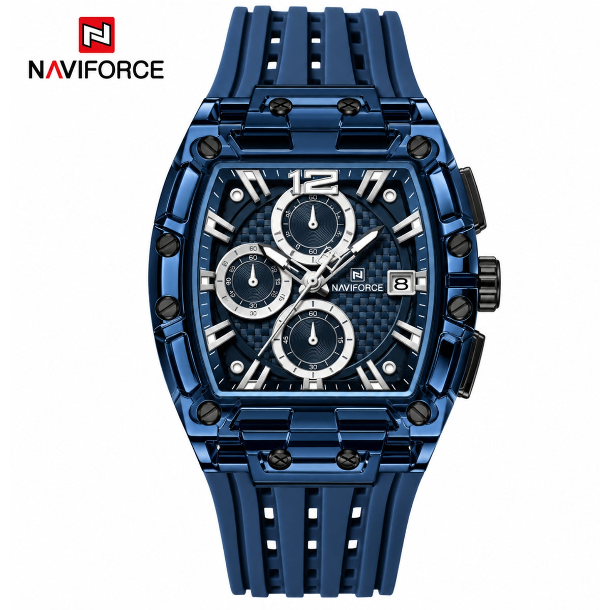 Naviforce Reloj Cronógrafo Azul con Correa de Silicona, Diámetro de 42.5 mm, Cristal Acrílico HD y Resistencia al Agua 3 ATM o 5 ATM.