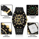 Naviforce Reloj Cronógrafo Negro con Detalles Dorados, Correa de Silicona, Diámetro de 42.5 mm, Cristal Acrílico HD y Resistencia al Agua 3 ATM o 5 ATM.
