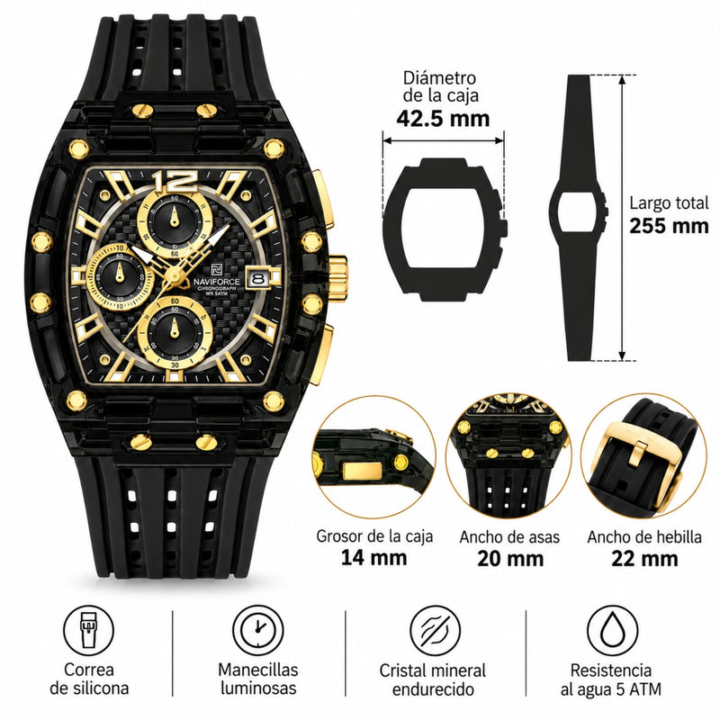 Naviforce Reloj Cronógrafo Negro con Detalles Dorados, Correa de Silicona, Diámetro de 42.5 mm, Cristal Acrílico HD y Resistencia al Agua 3 ATM o 5 ATM.