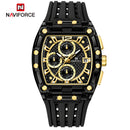 Naviforce Reloj Cronógrafo Negro con Detalles Dorados, Correa de Silicona, Diámetro de 42.5 mm, Cristal Acrílico HD y Resistencia al Agua 3 ATM o 5 ATM.