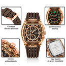 Naviforce Reloj Cronógrafo Rose Gold con Correa Marrón de Silicona, Diámetro de 42.5 mm, Cristal Acrílico HD y Resistencia al Agua 3 ATM o 5 ATM.