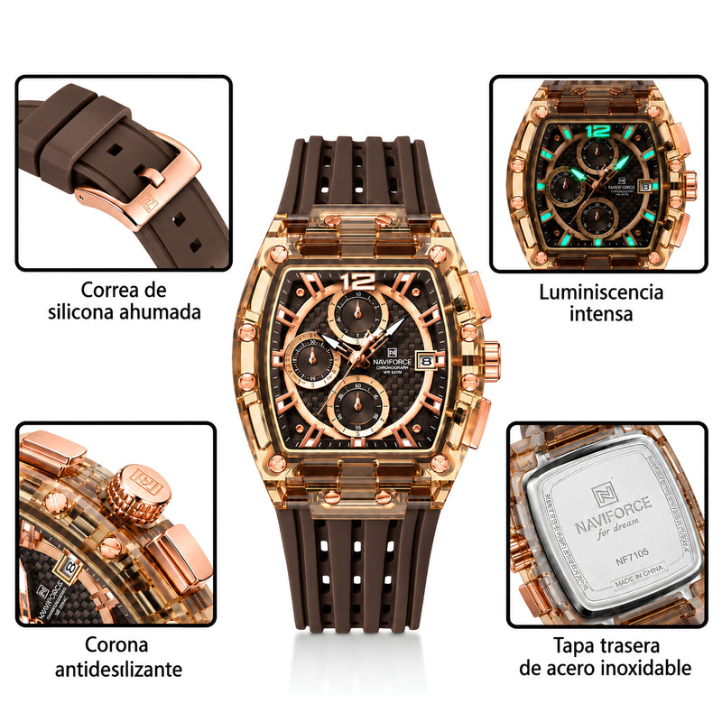 Naviforce Reloj Cronógrafo Rose Gold con Correa Marrón de Silicona, Diámetro de 42.5 mm, Cristal Acrílico HD y Resistencia al Agua 3 ATM o 5 ATM.