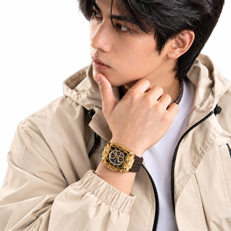 Naviforce Reloj Cronógrafo Rose Gold con Correa Marrón de Silicona, Diámetro de 42.5 mm, Cristal Acrílico HD y Resistencia al Agua 3 ATM o 5 ATM.