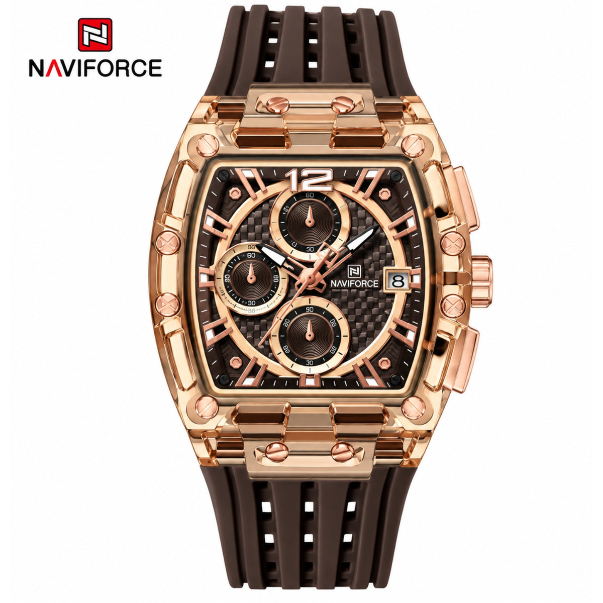 Naviforce Reloj Cronógrafo Rose Gold con Correa Marrón de Silicona, Diámetro de 42.5 mm, Cristal Acrílico HD y Resistencia al Agua 3 ATM o 5 ATM.