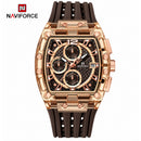 Naviforce Reloj Cronógrafo Rose Gold con Correa Marrón de Silicona, Diámetro de 42.5 mm, Cristal Acrílico HD y Resistencia al Agua 3 ATM o 5 ATM.