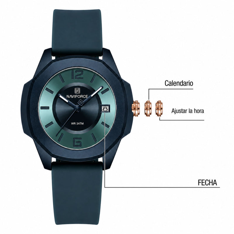 Naviforce Reloj Analógico Azul con Correa de Silicona, Diámetro de 34 mm, Cristal Acrílico HD y Resistencia al Agua 5 ATM.