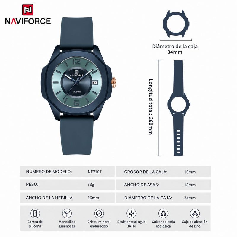 Naviforce Reloj Analógico Azul con Correa de Silicona, Diámetro de 34 mm, Cristal Acrílico HD y Resistencia al Agua 5 ATM.