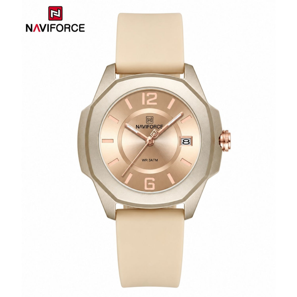 Naviforce Reloj Analógico Dorado con Correa de Silicona, Diámetro de 34 mm, Cristal Acrílico HD y Resistencia al Agua 5 ATM