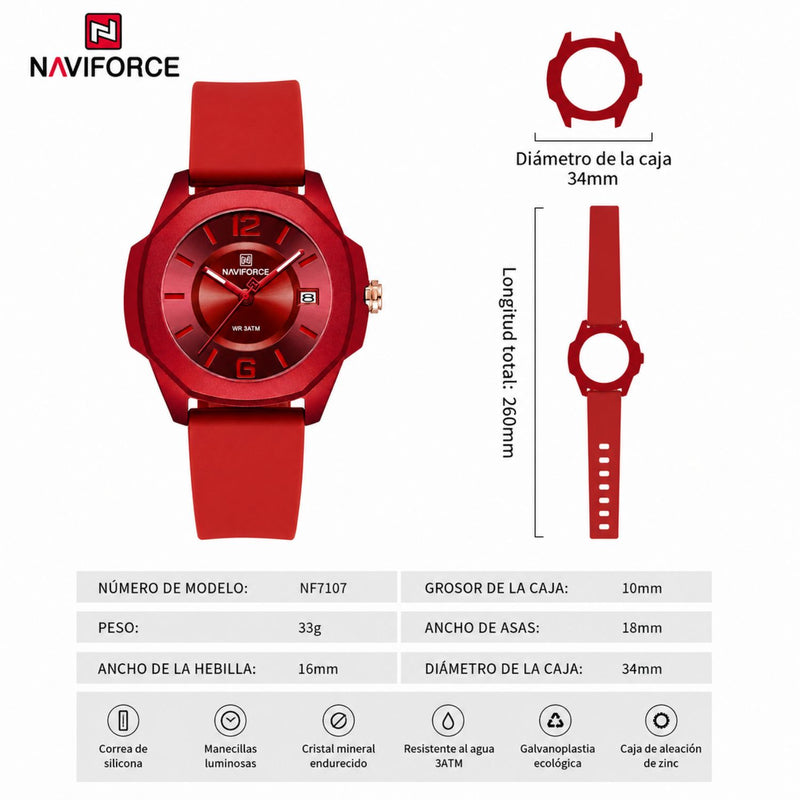 Naviforce Reloj Analógico Rojo con Correa de Silicona, Diámetro de 34 mm, Cristal Acrílico HD y Resistencia al Agua 5 ATM
