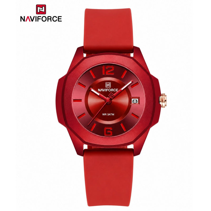 Naviforce Reloj Analógico Rojo con Correa de Silicona, Diámetro de 34 mm, Cristal Acrílico HD y Resistencia al Agua 5 ATM
