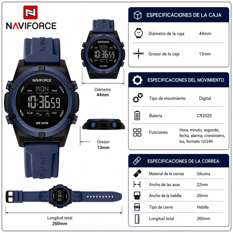 Naviforce Reloj Digital Azul Oscuro con Correa de Silicona, Diámetro de 44 mm, Cristal Acrílico HD y Resistencia al Agua 5 ATM.