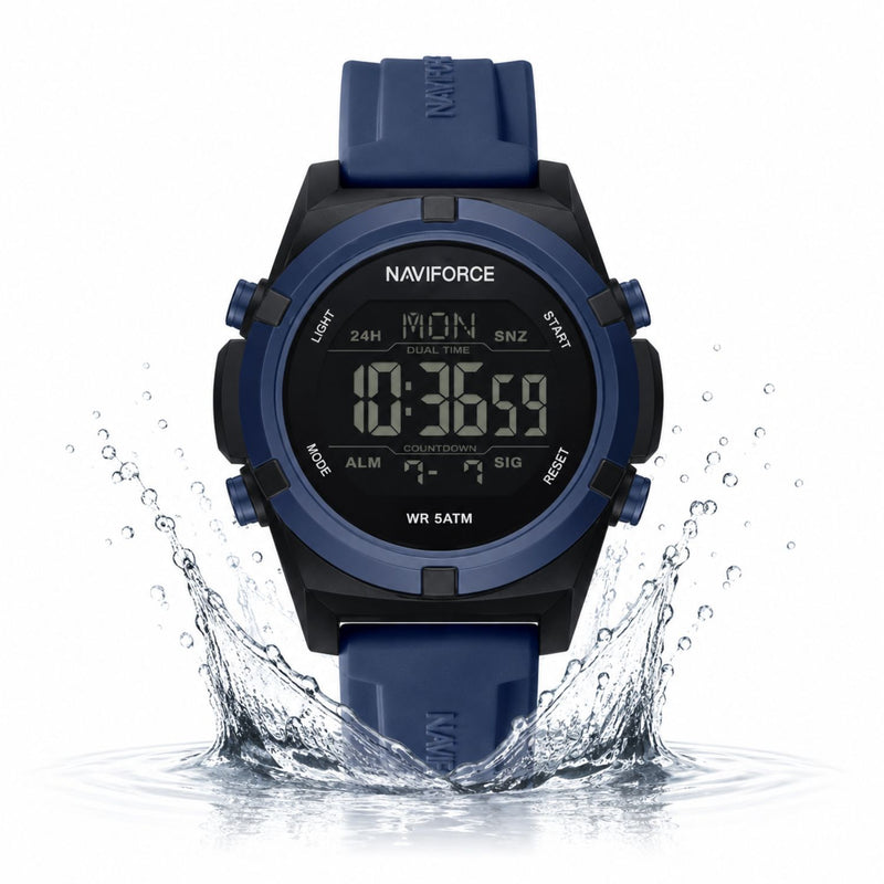Naviforce Reloj Digital Azul Oscuro con Correa de Silicona, Diámetro de 44 mm, Cristal Acrílico HD y Resistencia al Agua 5 ATM.