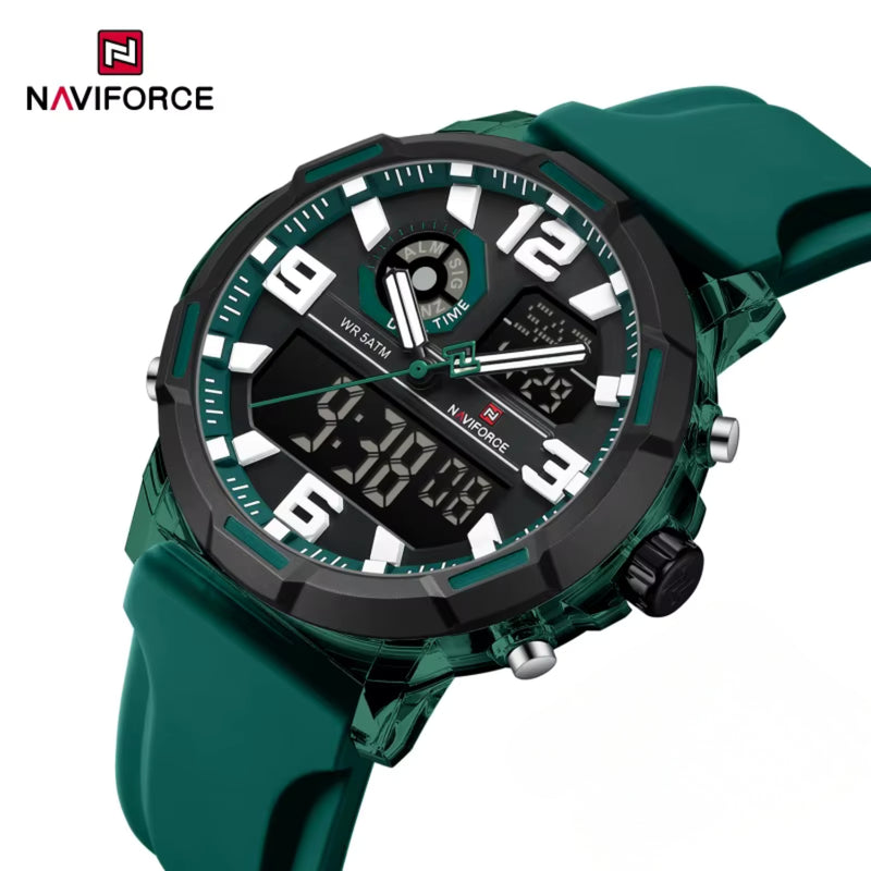 Naviforce Reloj Analógico y Digital Verde, Correa de Silicona, Diámetro de 45 mm y Resistencia al Agua 5 ATM