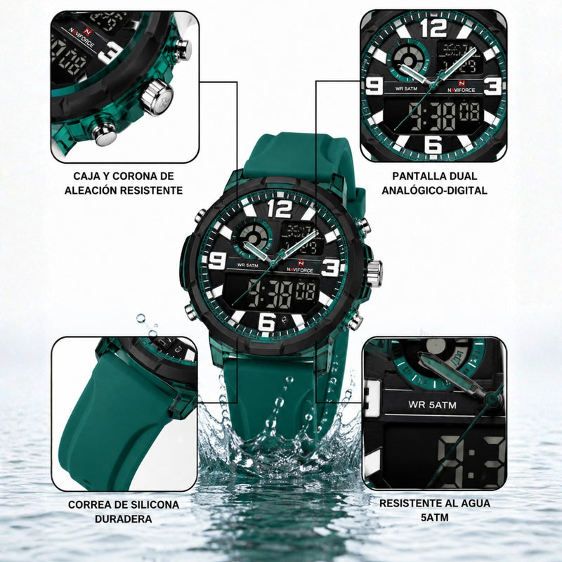 Naviforce Reloj Analógico y Digital Verde, Correa de Silicona, Diámetro de 45 mm y Resistencia al Agua 5 ATM