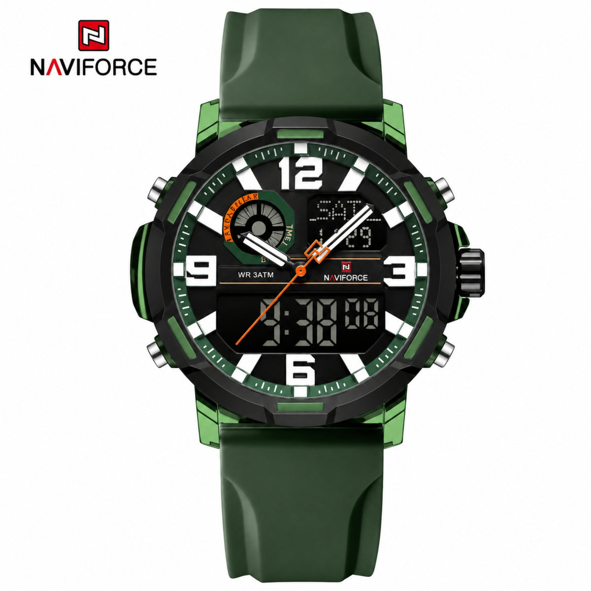 Naviforce Reloj Analógico y Digital Verde Militar, Correa de Silicona, Diámetro de 45 mm y Resistencia al Agua 5 ATM.