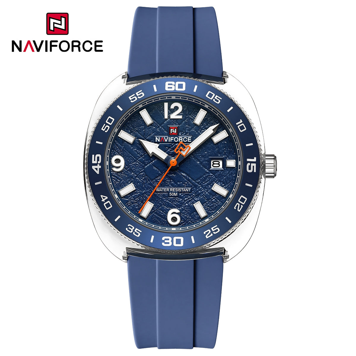 Naviforce Reloj Analógico Blanco con Detalles Azules,  Diámetro de 41 mm, Cristal Acrílico HD y Resistencia al Agua 5 ATM.