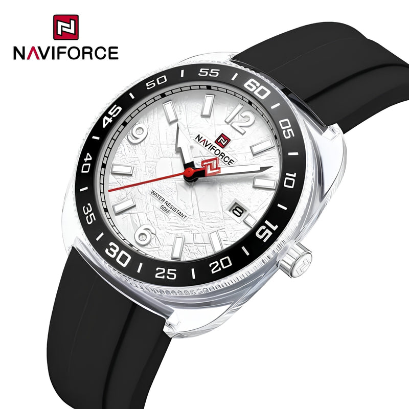 Naviforce Reloj Analógico Blanco con Detalles Negros, Diámetro de 41 mm, Cristal Acrílico HD y Resistencia al Agua 5 ATM.