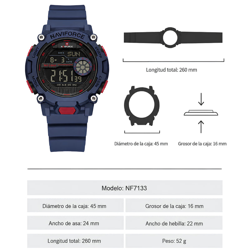 Naviforce Reloj Digital Azul Oscuro con Detalles Negros y Rojos, Correa de TPU, Diámetro de 45 mm, Cristal Acrílico HD y Resistencia al Agua 5 ATM.