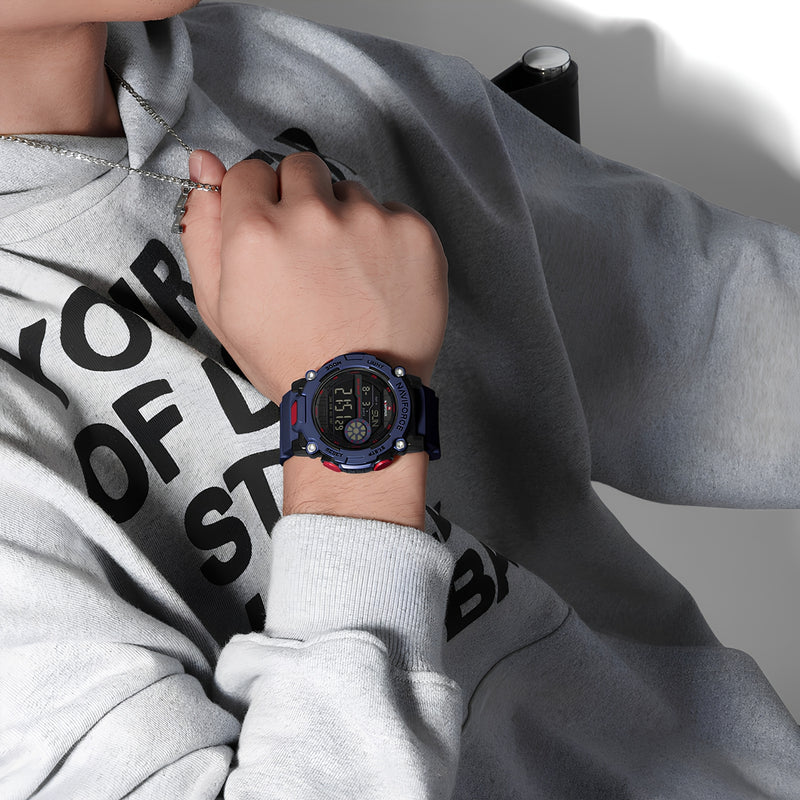 Naviforce Reloj Digital Azul Oscuro con Detalles Negros y Rojos, Correa de TPU, Diámetro de 45 mm, Cristal Acrílico HD y Resistencia al Agua 5 ATM.