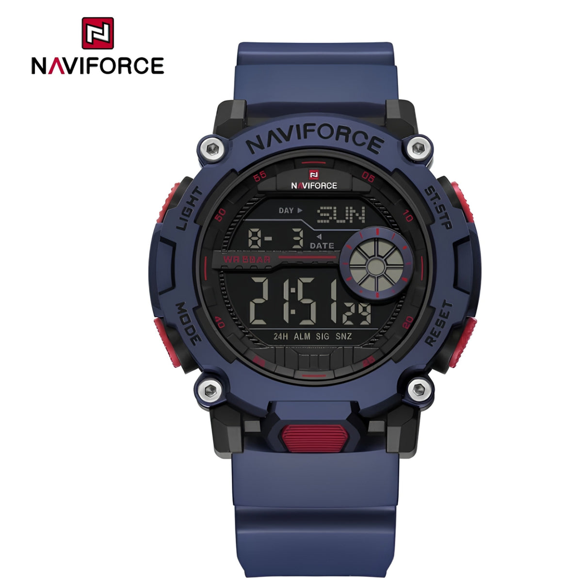 Naviforce Reloj Digital Azul Oscuro con Detalles Negros y Rojos, Correa de TPU, Diámetro de 45 mm, Cristal Acrílico HD y Resistencia al Agua 5 ATM.