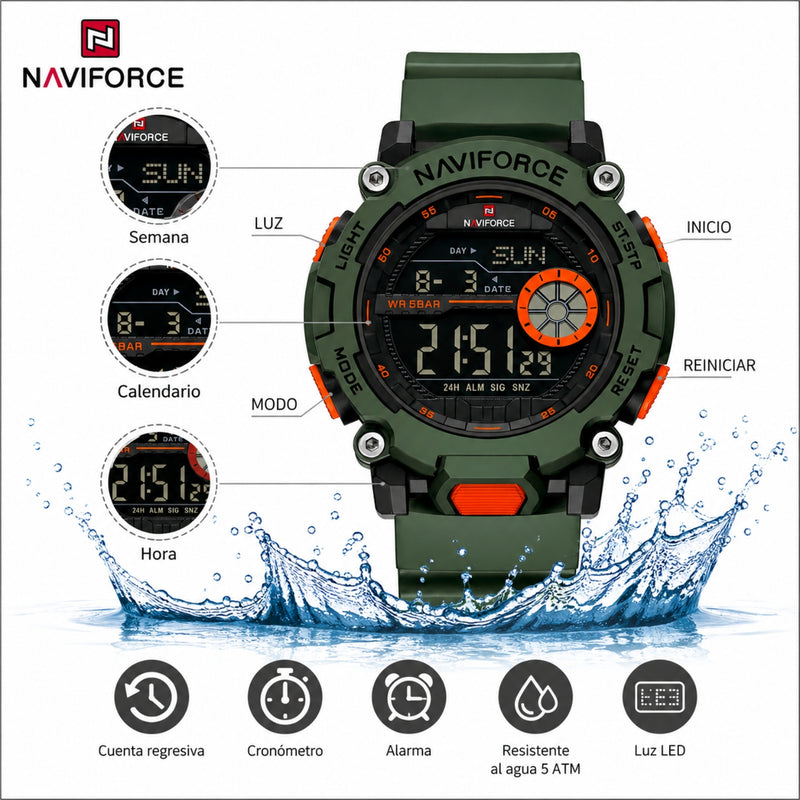Naviforce Reloj Digital Verde con Detalles Negros y Naranja, Correa de TPU, Diámetro de 45 mm, Cristal Acrílico HD y Resistencia al Agua 5 ATM.
