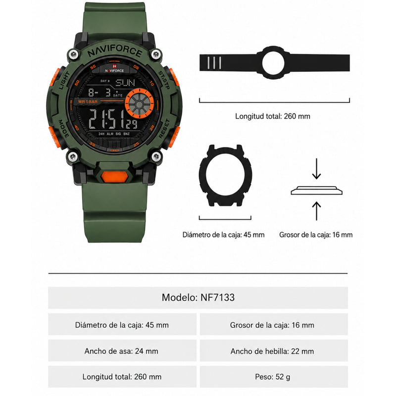 Naviforce Reloj Digital Verde con Detalles Negros y Naranja, Correa de TPU, Diámetro de 45 mm, Cristal Acrílico HD y Resistencia al Agua 5 ATM.