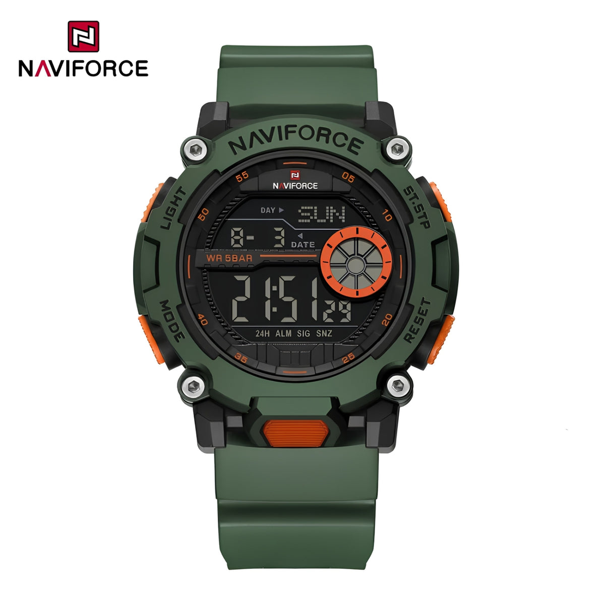 Naviforce Reloj Digital Verde con Detalles Negros y Naranja, Correa de TPU, Diámetro de 45 mm, Cristal Acrílico HD y Resistencia al Agua 5 ATM.