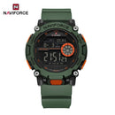 Naviforce Reloj Digital Verde con Detalles Negros y Naranja, Correa de TPU, Diámetro de 45 mm, Cristal Acrílico HD y Resistencia al Agua 5 ATM.