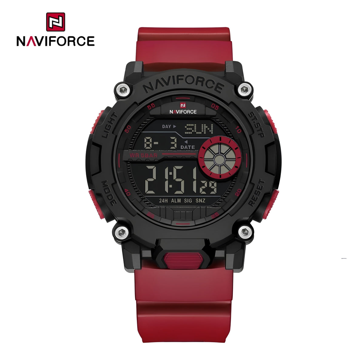Naviforce Reloj Digital Rojo con Detalles Negros, Correa de TPU, Diámetro de 45 mm, Cristal Acrílico HD y Resistencia al Agua 5 ATM.