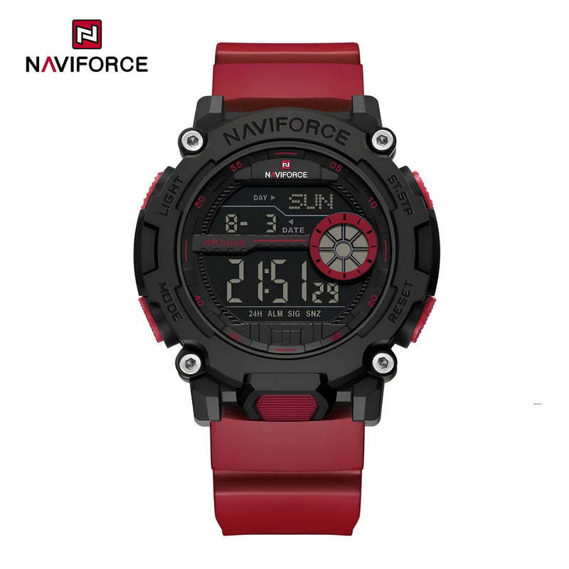 Naviforce Reloj Digital Rojo con Detalles Negros, Correa de TPU, Diámetro de 45 mm, Cristal Acrílico HD y Resistencia al Agua 5 ATM.