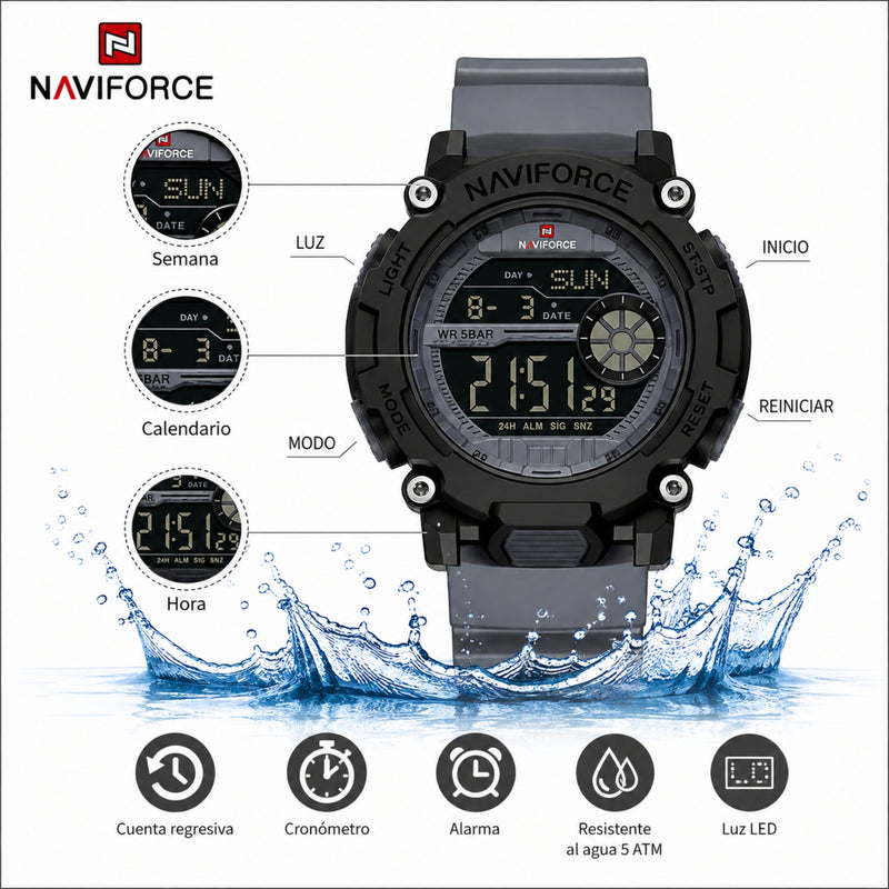 Naviforce Reloj Digital Gris Oscuro con Detalles Negros, Correa de TPU, Diámetro de 45 mm, Cristal Acrílico HD y Resistencia al Agua 5 ATM.
