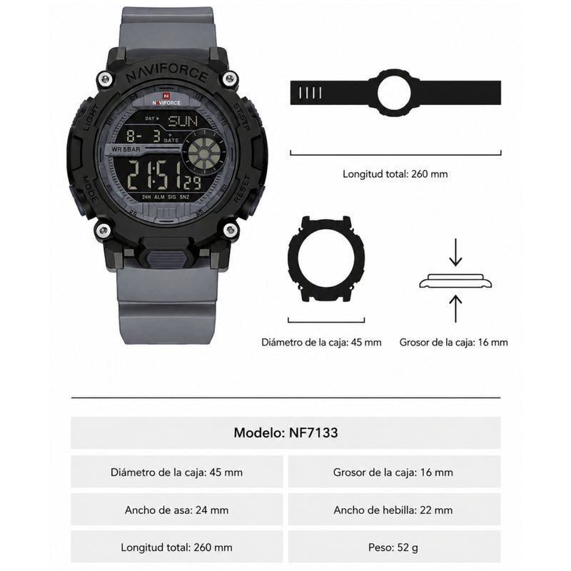 Naviforce Reloj Digital Gris Oscuro con Detalles Negros, Correa de TPU, Diámetro de 45 mm, Cristal Acrílico HD y Resistencia al Agua 5 ATM.