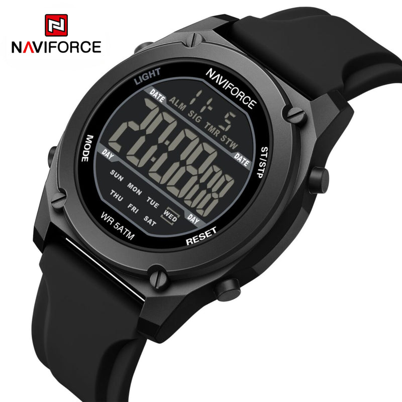 Naviforce Reloj Digital Negro con Correa de Silicona, Diámetro de 48 mm, Cristal Acrílico HD y Resistencia al Agua 5 ATM.