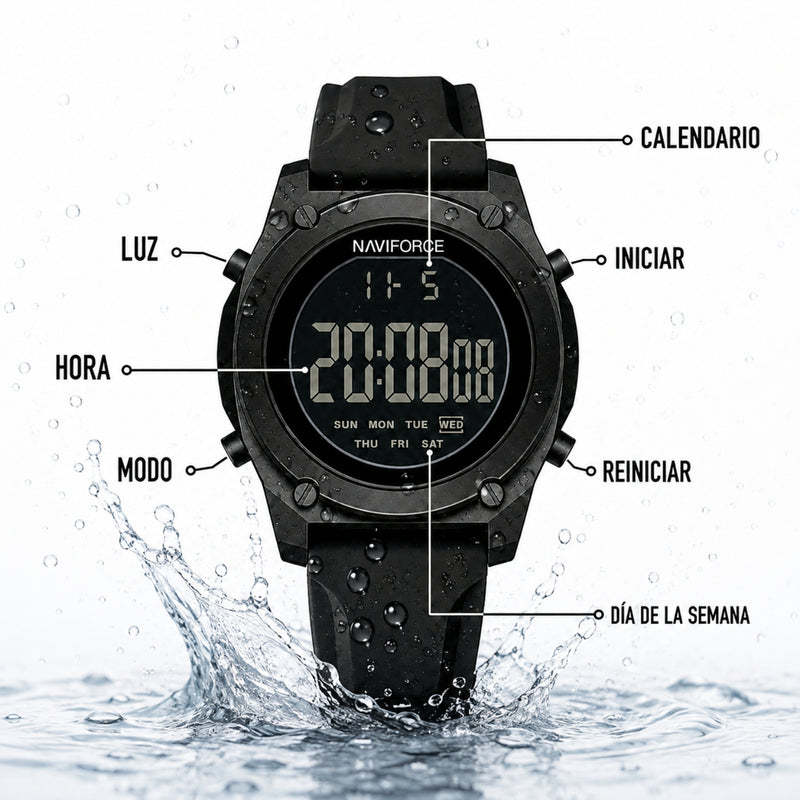 Naviforce Reloj Digital Negro con Correa de Silicona, Diámetro de 48 mm, Cristal Acrílico HD y Resistencia al Agua 5 ATM.