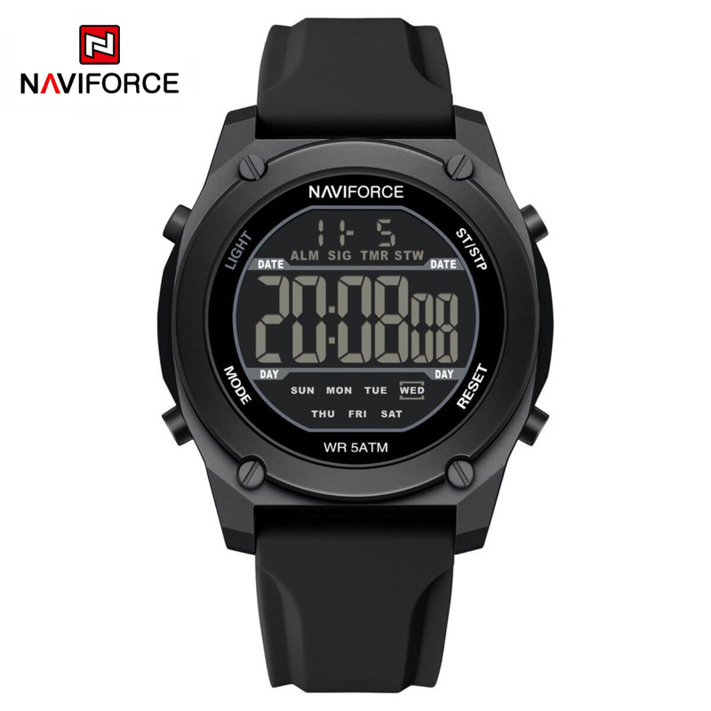 Naviforce Reloj Digital Negro con Correa de Silicona, Diámetro de 48 mm, Cristal Acrílico HD y Resistencia al Agua 5 ATM.