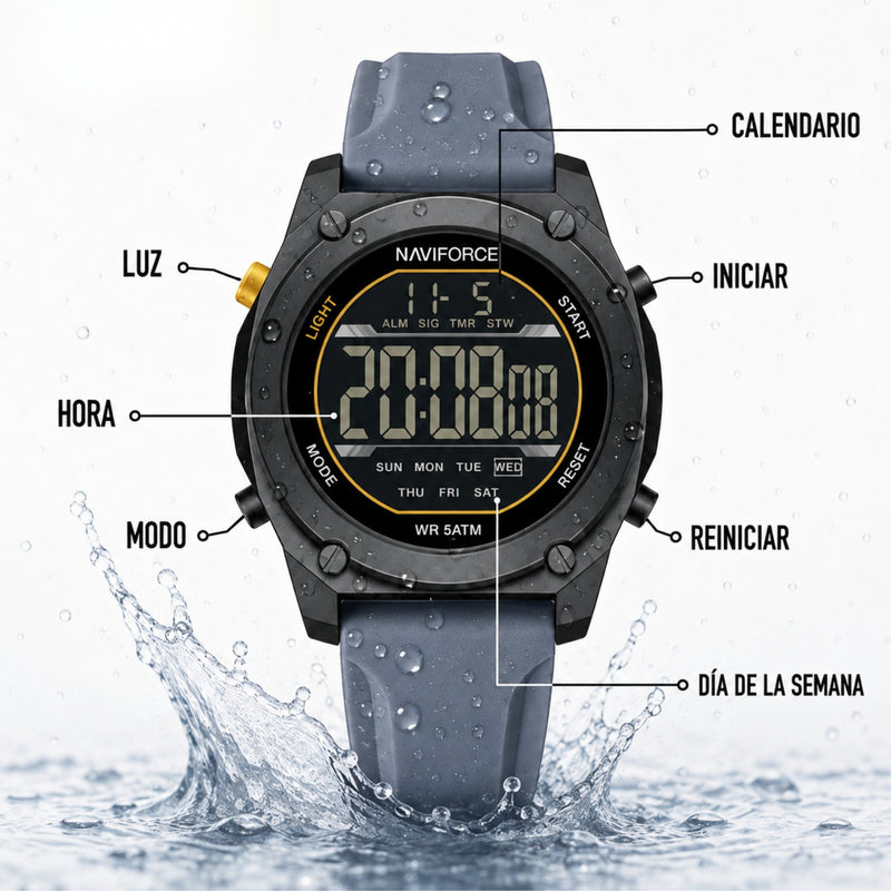 Naviforce Reloj Digital Gris Claro con Correa de Silicona, Diámetro de 48 mm, Cristal Acrílico HD y Resistencia al Agua 5 ATM.