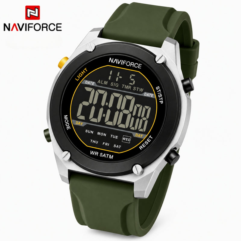 Naviforce Reloj Digital Verde con Correa de Silicona, Diámetro de 48 mm, Cristal Acrílico HD y Resistencia al Agua 5 ATM.